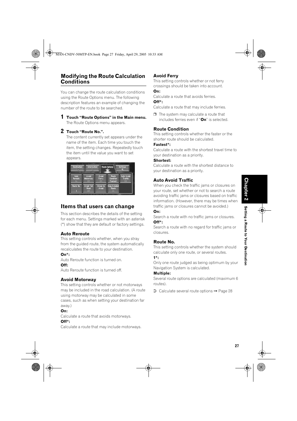 Modifying the route calculation conditions, Items that users can change | Pioneer CNDV-50MT User Manual | Page 29 / 84