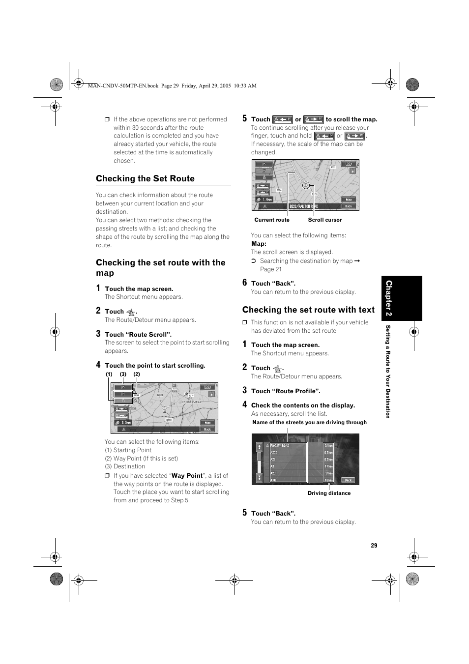 Checking the set route, Checking the set route with the map, Checking the set route with text | Pioneer CNDV-50MT User Manual | Page 31 / 84