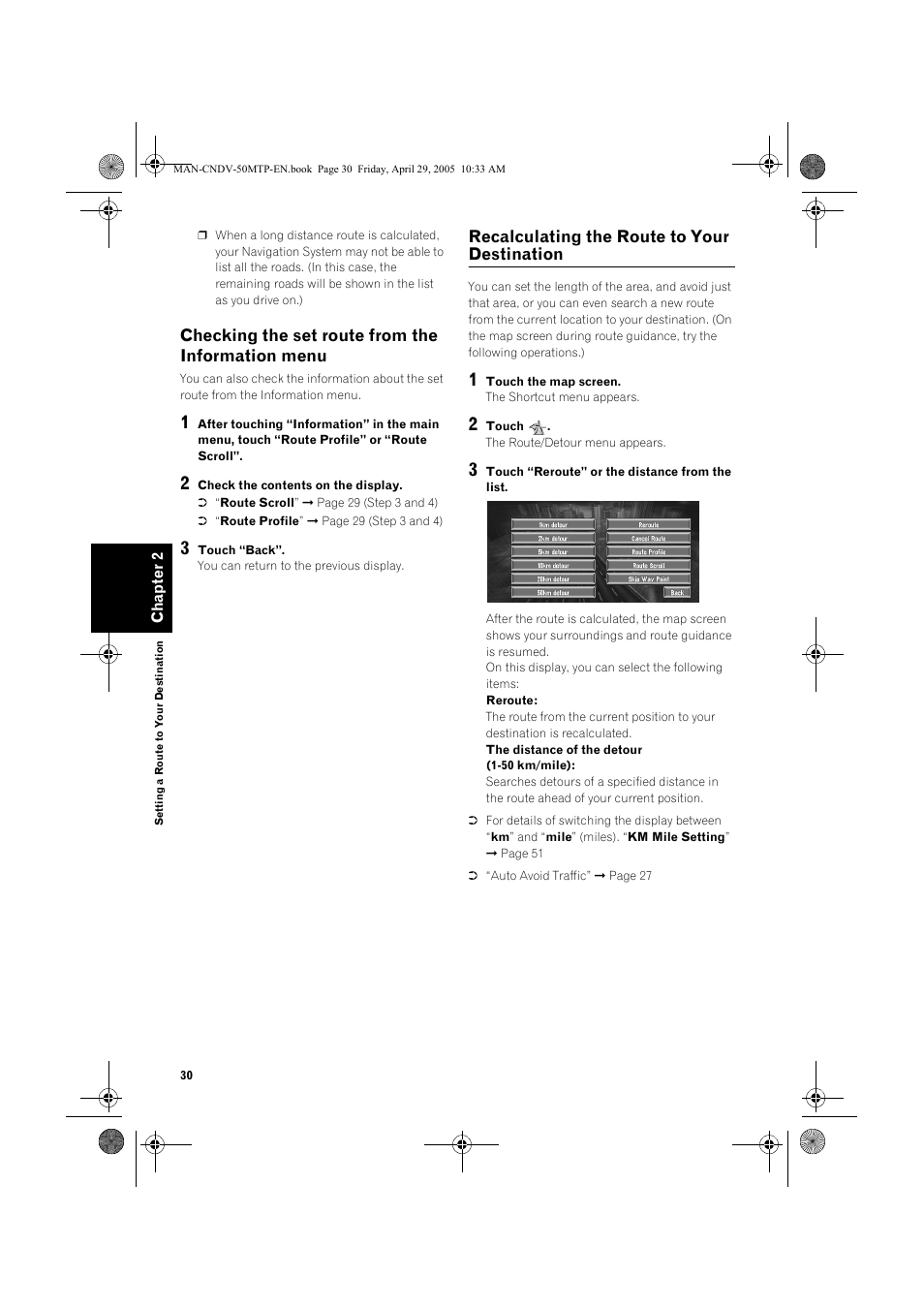 Checking the set route from the information menu, Recalculating the route to your destination | Pioneer CNDV-50MT User Manual | Page 32 / 84