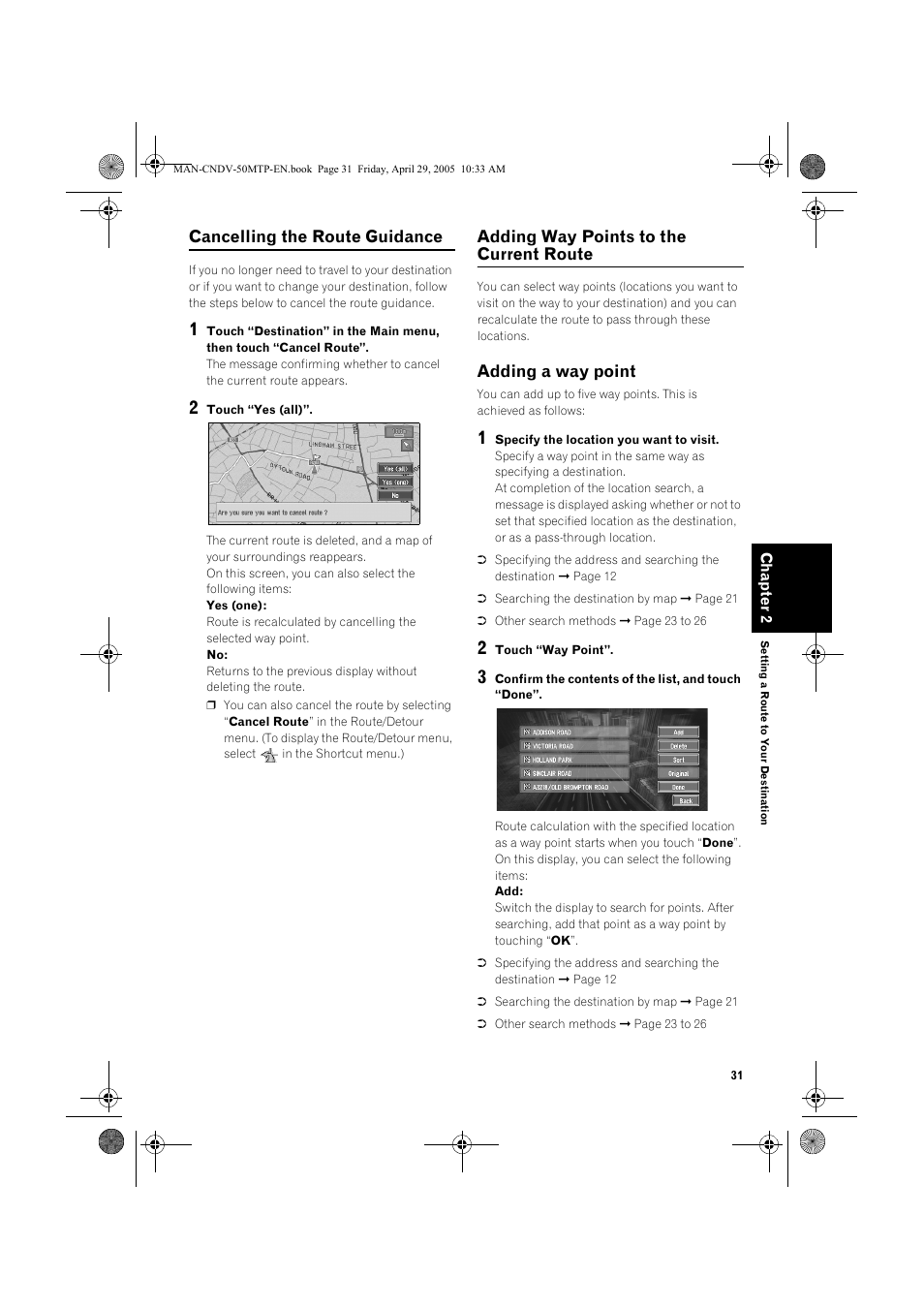 Cancelling the route guidance, Adding way points to the current route, Adding a way point | Pioneer CNDV-50MT User Manual | Page 33 / 84
