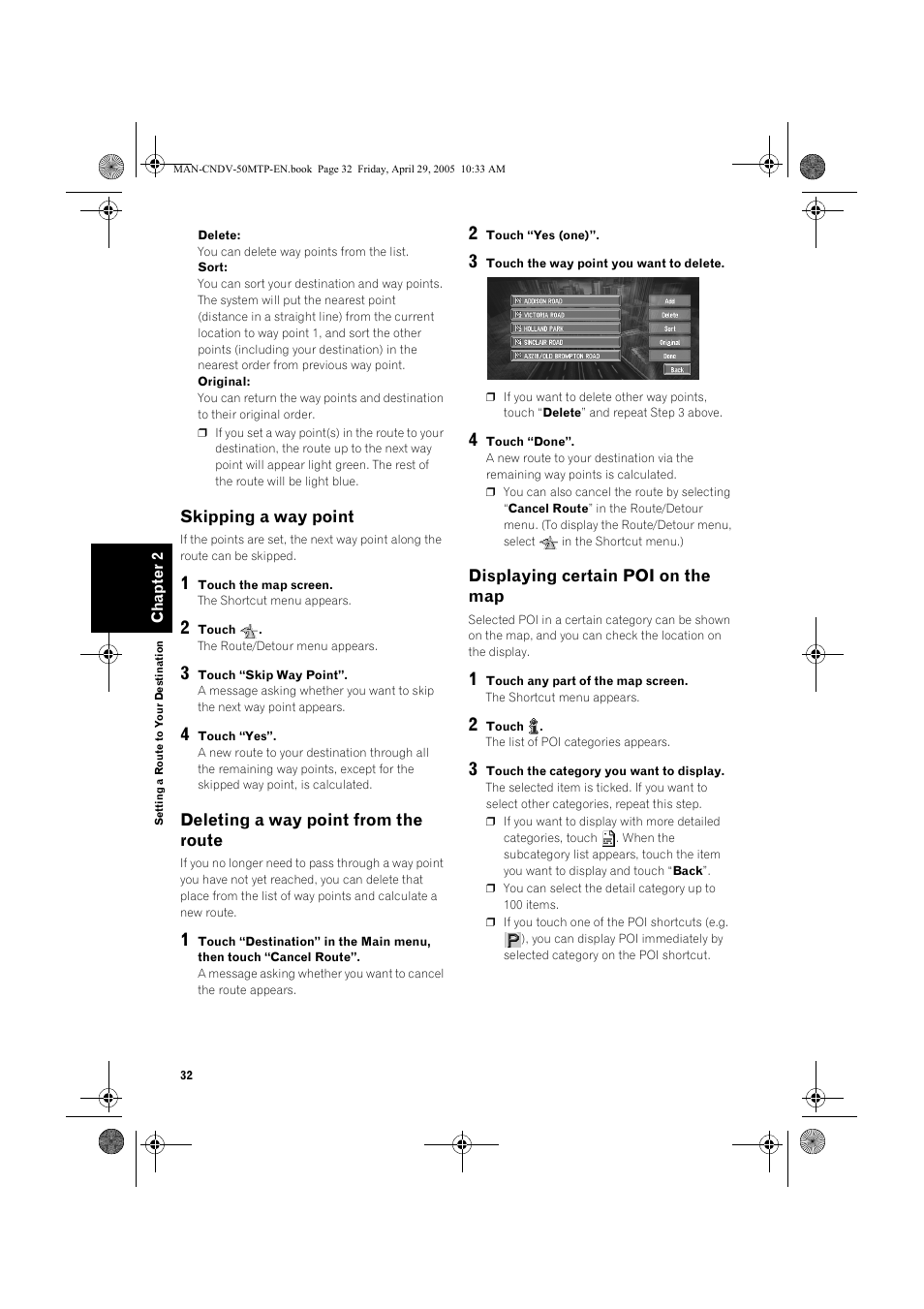 Skipping a way point, Deleting a way point from the route, Displaying certain poi on the map | Pioneer CNDV-50MT User Manual | Page 34 / 84