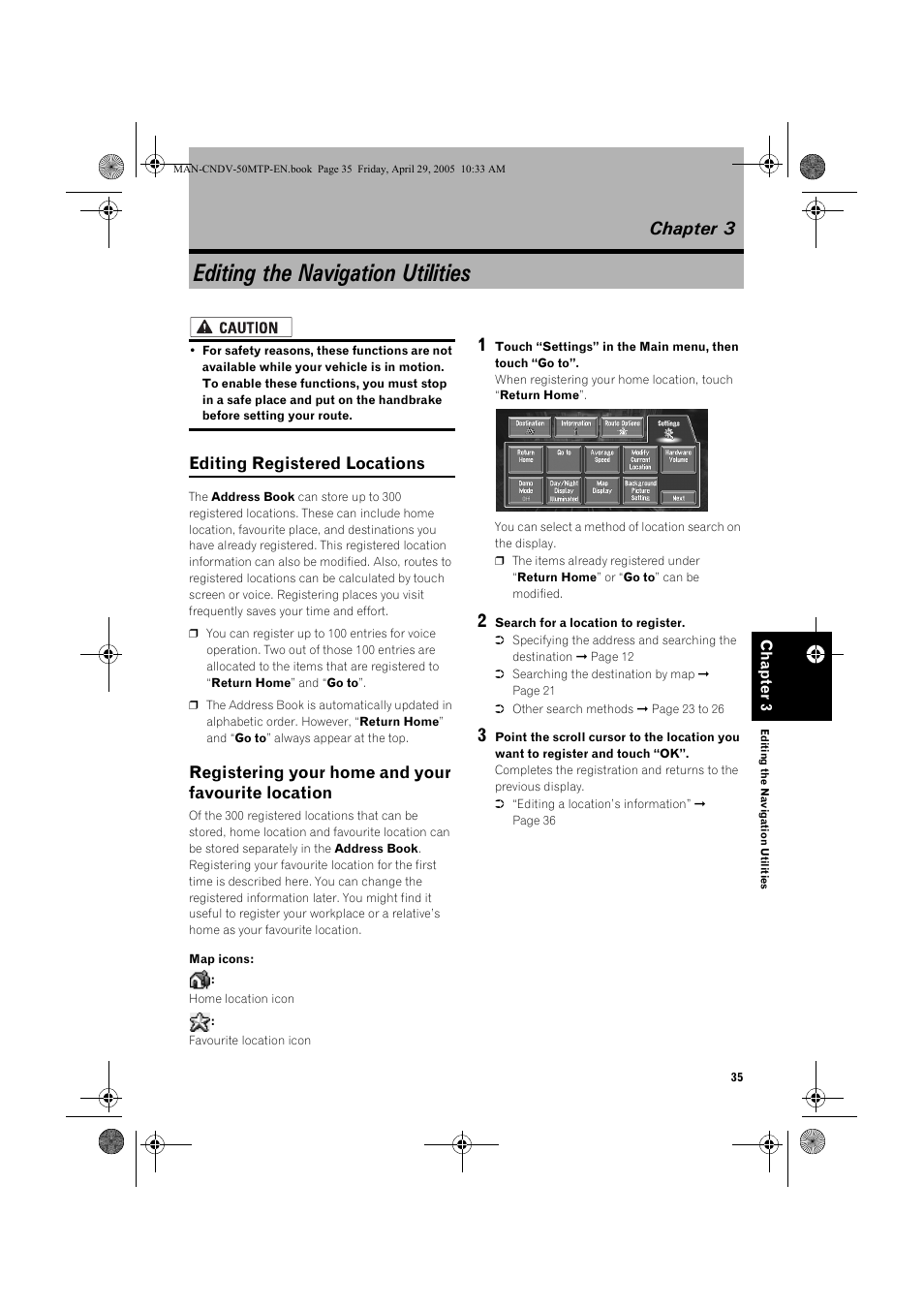 Editing the navigation utilities, Chapter 3, Editing registered locations | Registering your home and your favourite location | Pioneer CNDV-50MT User Manual | Page 37 / 84