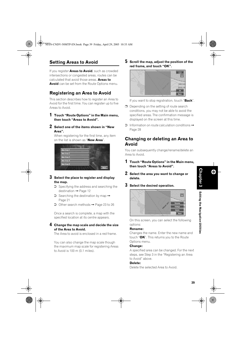 Setting areas to avoid, Registering an area to avoid, Changing or deleting an area to avoid | Pioneer CNDV-50MT User Manual | Page 41 / 84