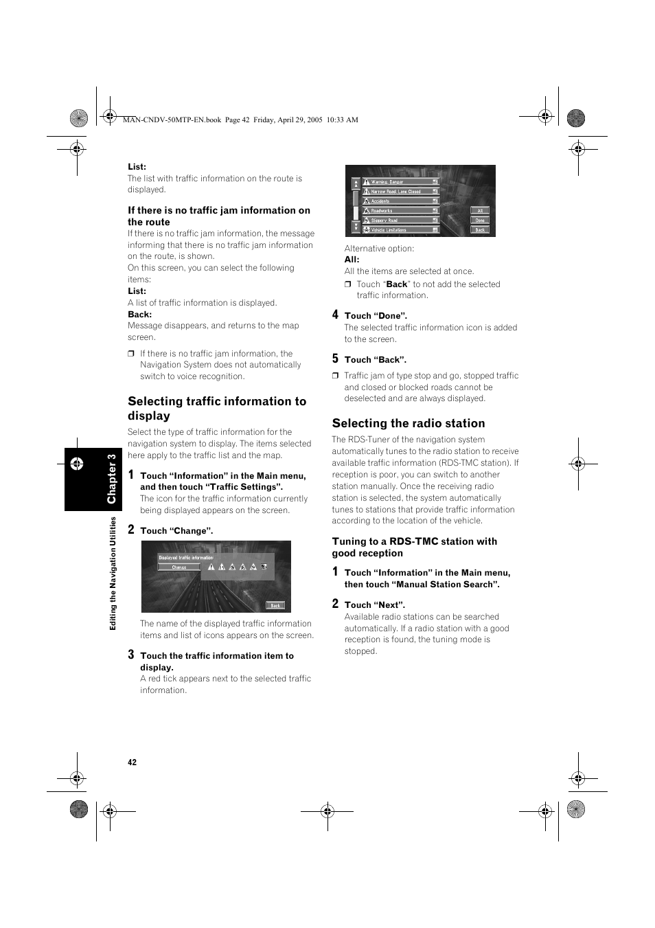 Selecting traffic information to display, Selecting the radio station | Pioneer CNDV-50MT User Manual | Page 44 / 84