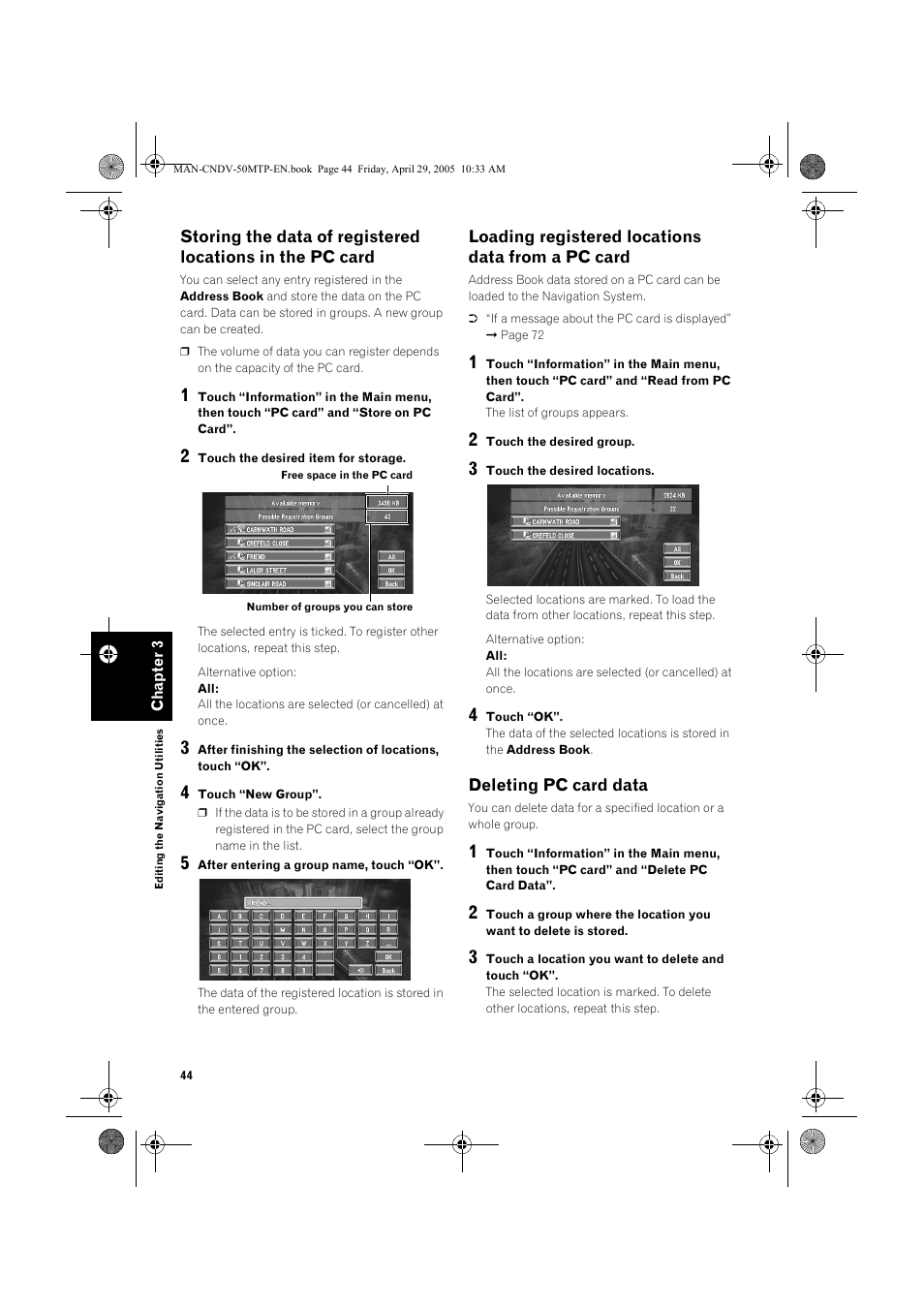 Loading registered locations data from a pc card, Deleting pc card data | Pioneer CNDV-50MT User Manual | Page 46 / 84