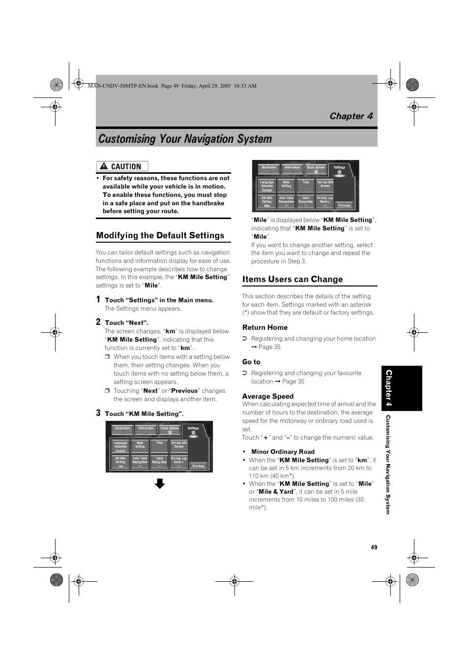 Customising your navigation system, Chapter 4, Modifying the default settings | Items users can change | Pioneer CNDV-50MT User Manual | Page 51 / 84