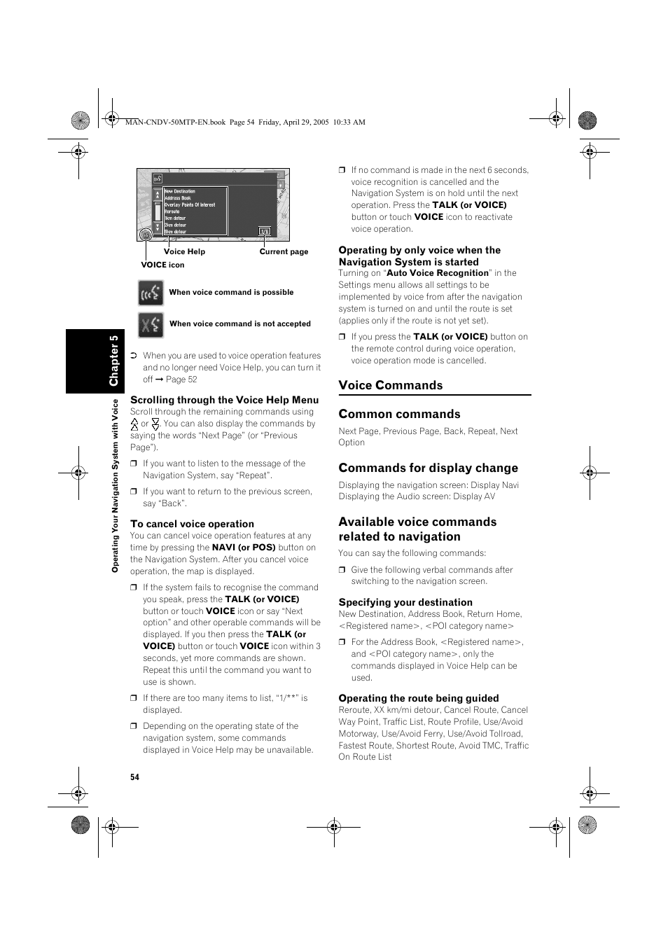 Voice commands common commands, Commands for display change, Available voice commands related to navigation | Pioneer CNDV-50MT User Manual | Page 56 / 84
