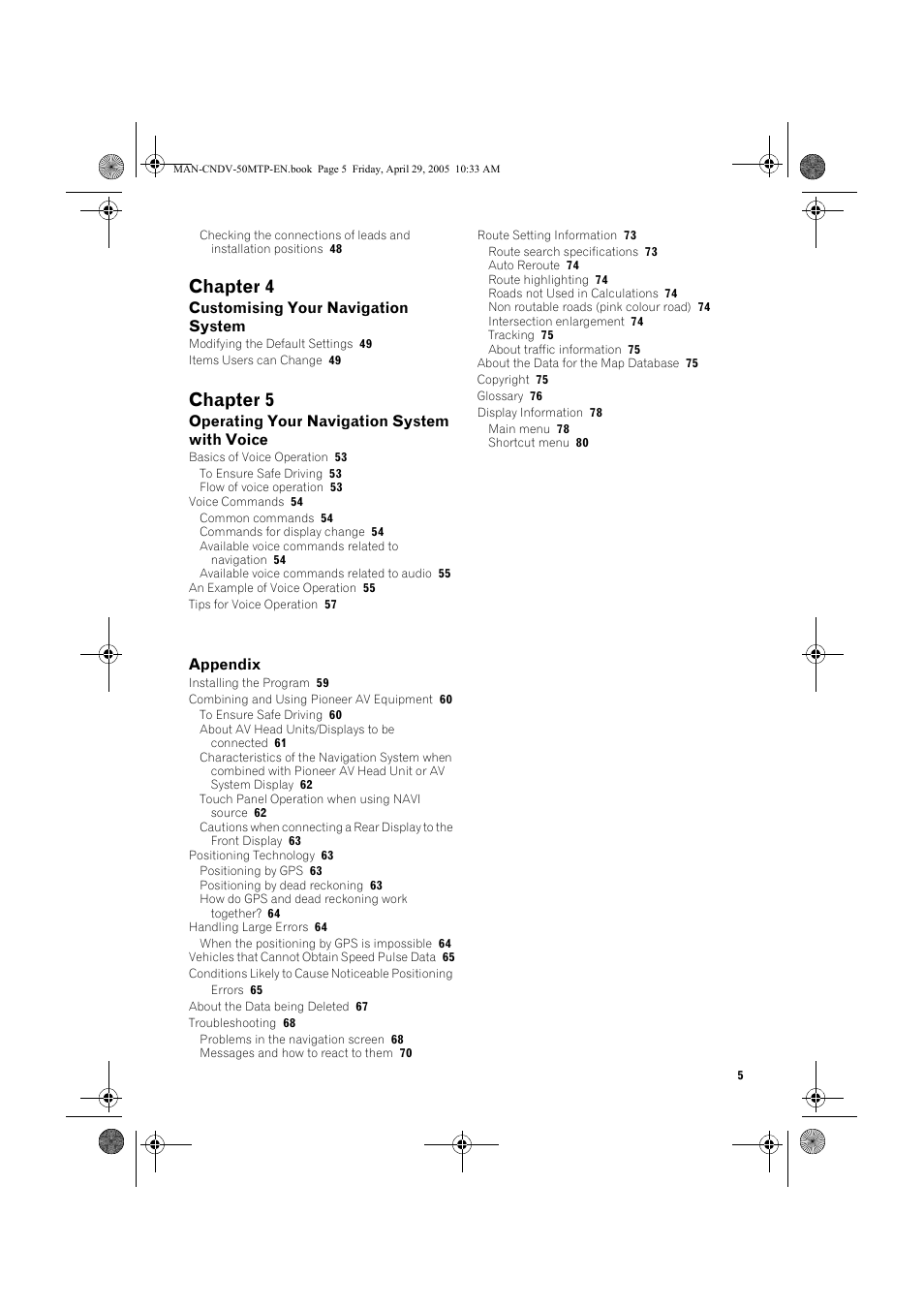 Chapter 4, Chapter 5 | Pioneer CNDV-50MT User Manual | Page 7 / 84