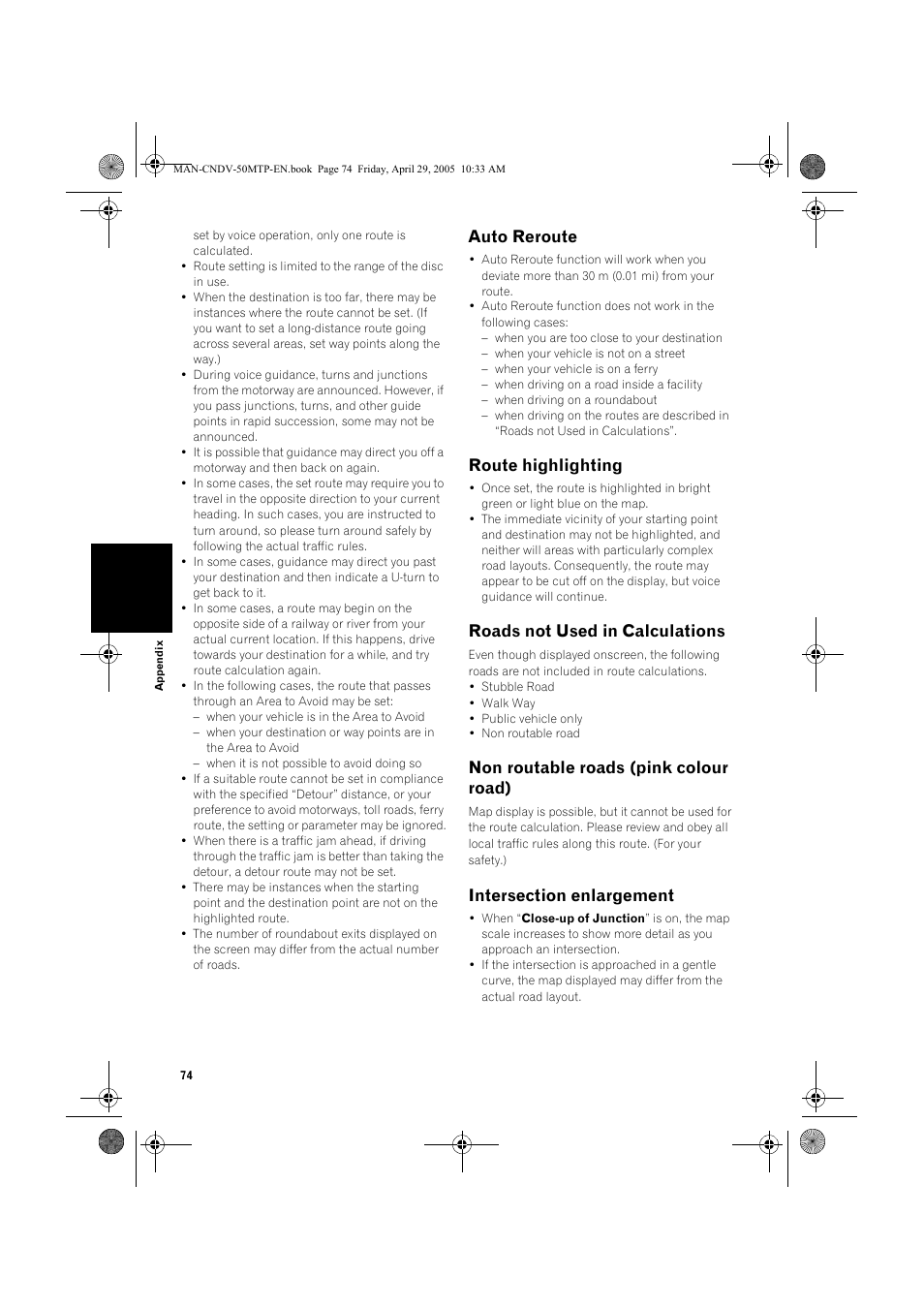 Auto reroute, Route highlighting, Roads not used in calculations | Non routable roads (pink colour road) | Pioneer CNDV-50MT User Manual | Page 76 / 84