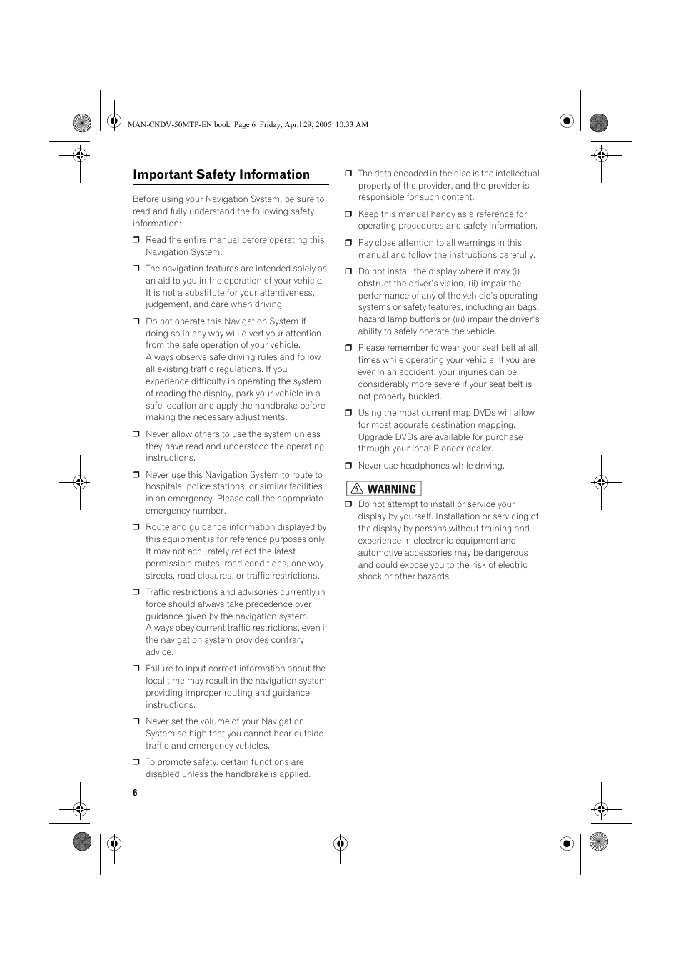 Important safety information | Pioneer CNDV-50MT User Manual | Page 8 / 84