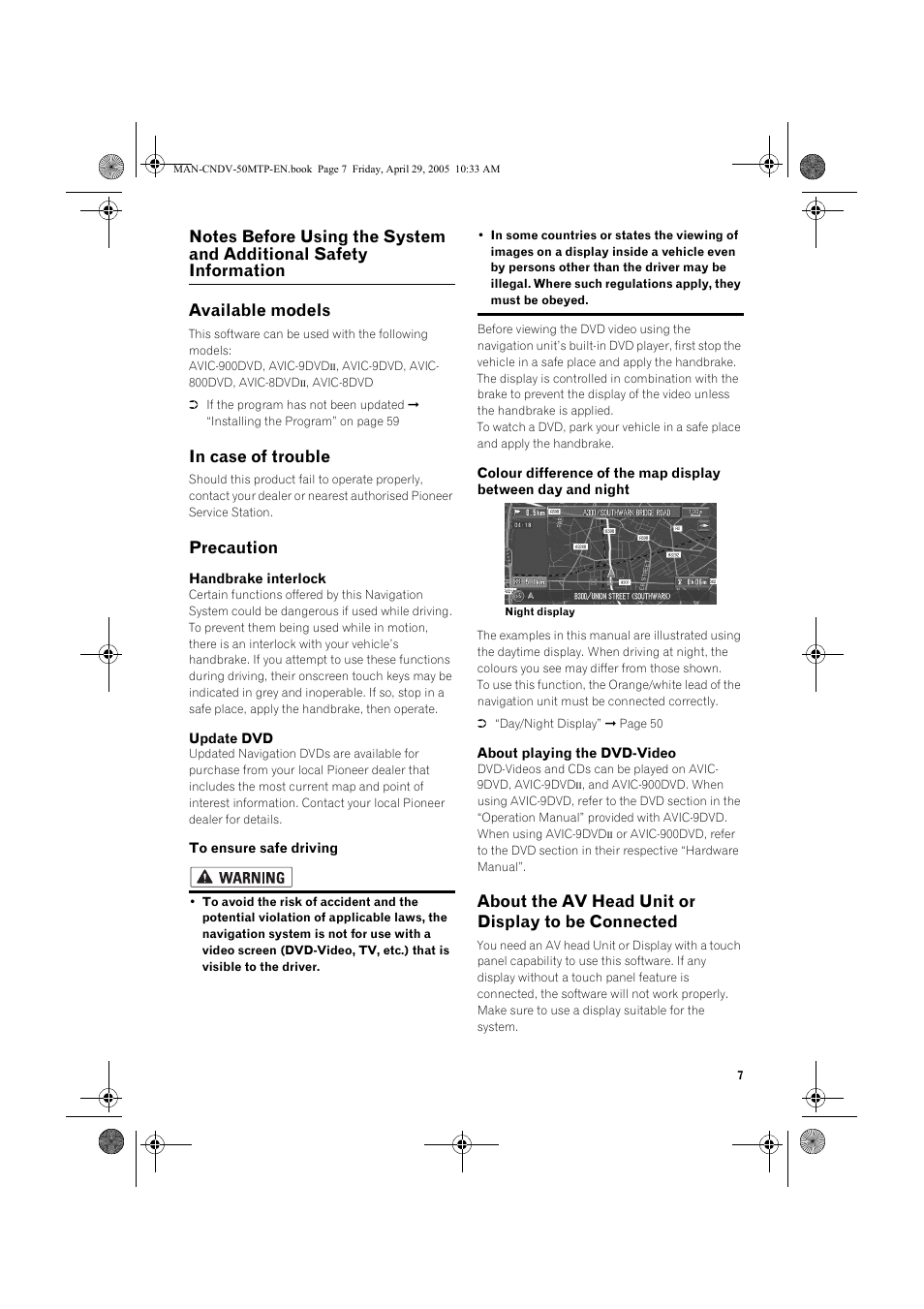 Precaution, About the av head unit or display to be connected | Pioneer CNDV-50MT User Manual | Page 9 / 84
