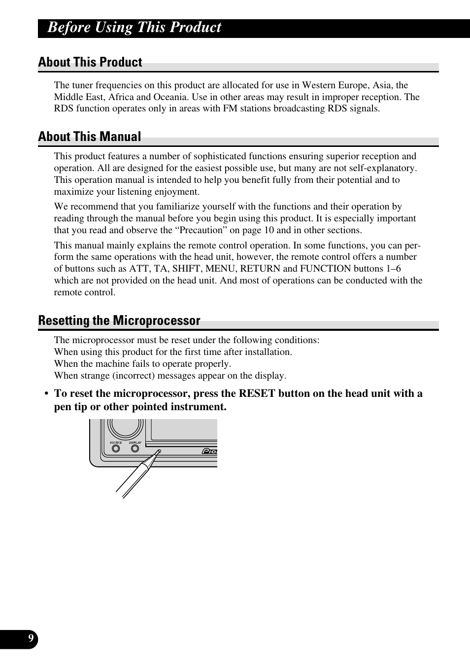 Before using this product, About this product, About this manual | Resetting the microprocessor | Pioneer RS-D7R User Manual | Page 10 / 91