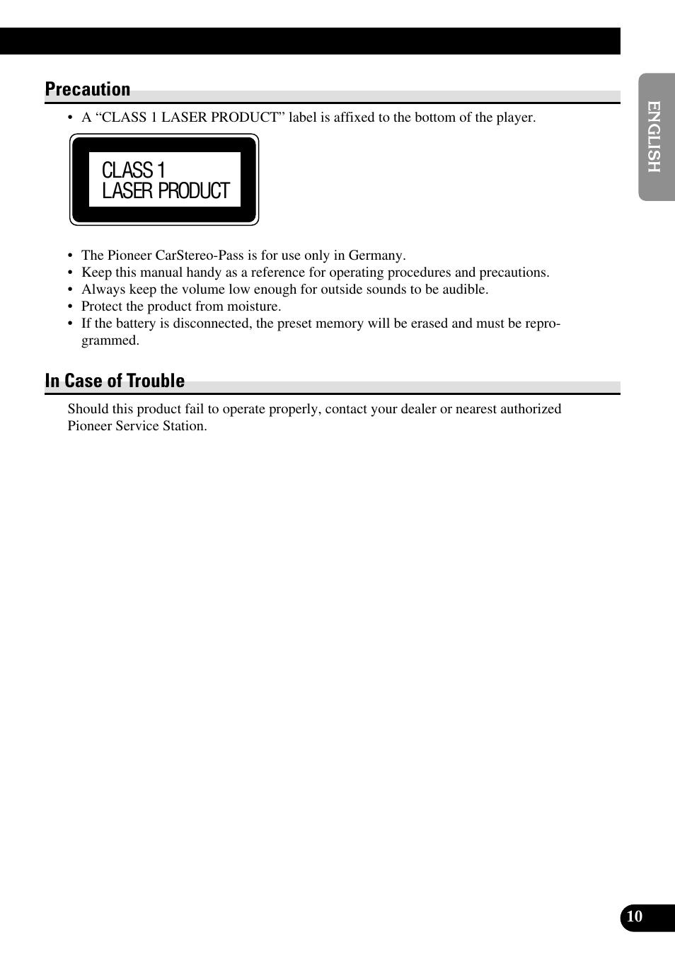 Precaution in case of trouble, Class 1 laser product, Precaution | Pioneer RS-D7R User Manual | Page 11 / 91
