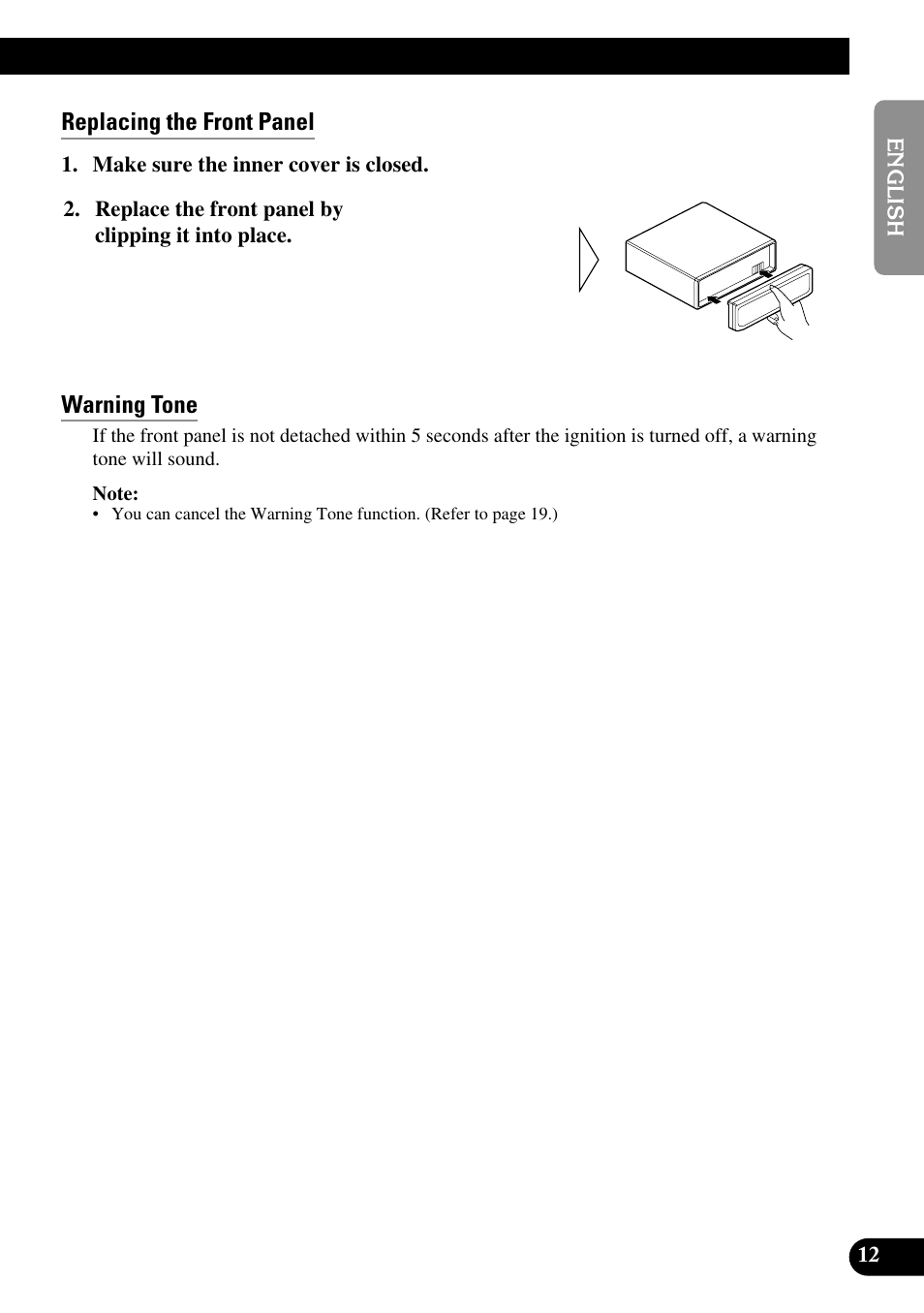 Replacing the front panel, Warning tone | Pioneer RS-D7R User Manual | Page 13 / 91