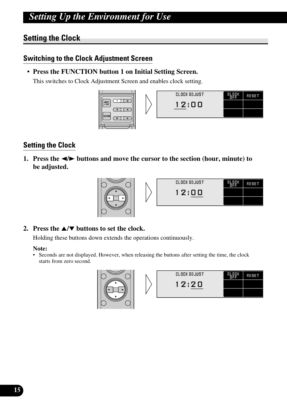 Setting the clock, Switching to the clock adjustment screen, Setting up the environment for use | Pioneer RS-D7R User Manual | Page 16 / 91