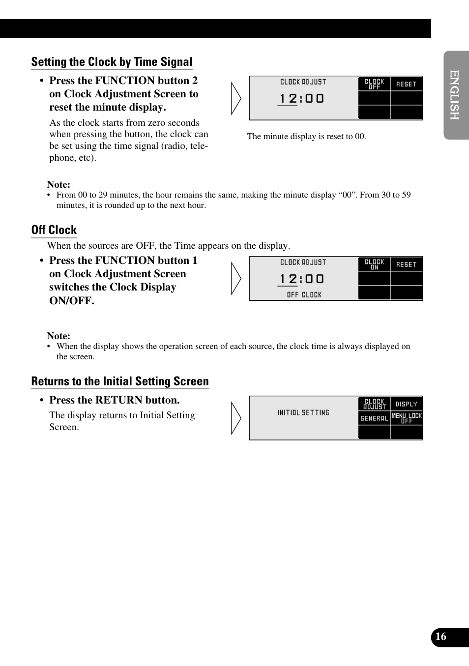 Setting the clock by time signal, Off clock, Returns to the initial setting screen | Pioneer RS-D7R User Manual | Page 17 / 91