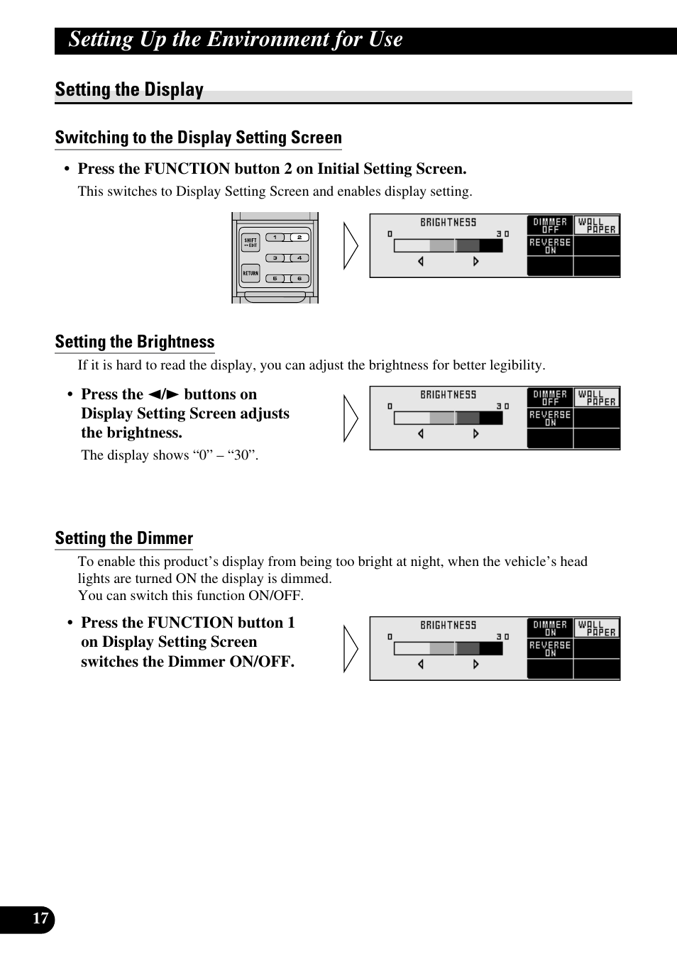 Setting the display, Switching to the display setting screen, Setting the brightness | Setting the dimmer, Setting up the environment for use | Pioneer RS-D7R User Manual | Page 18 / 91