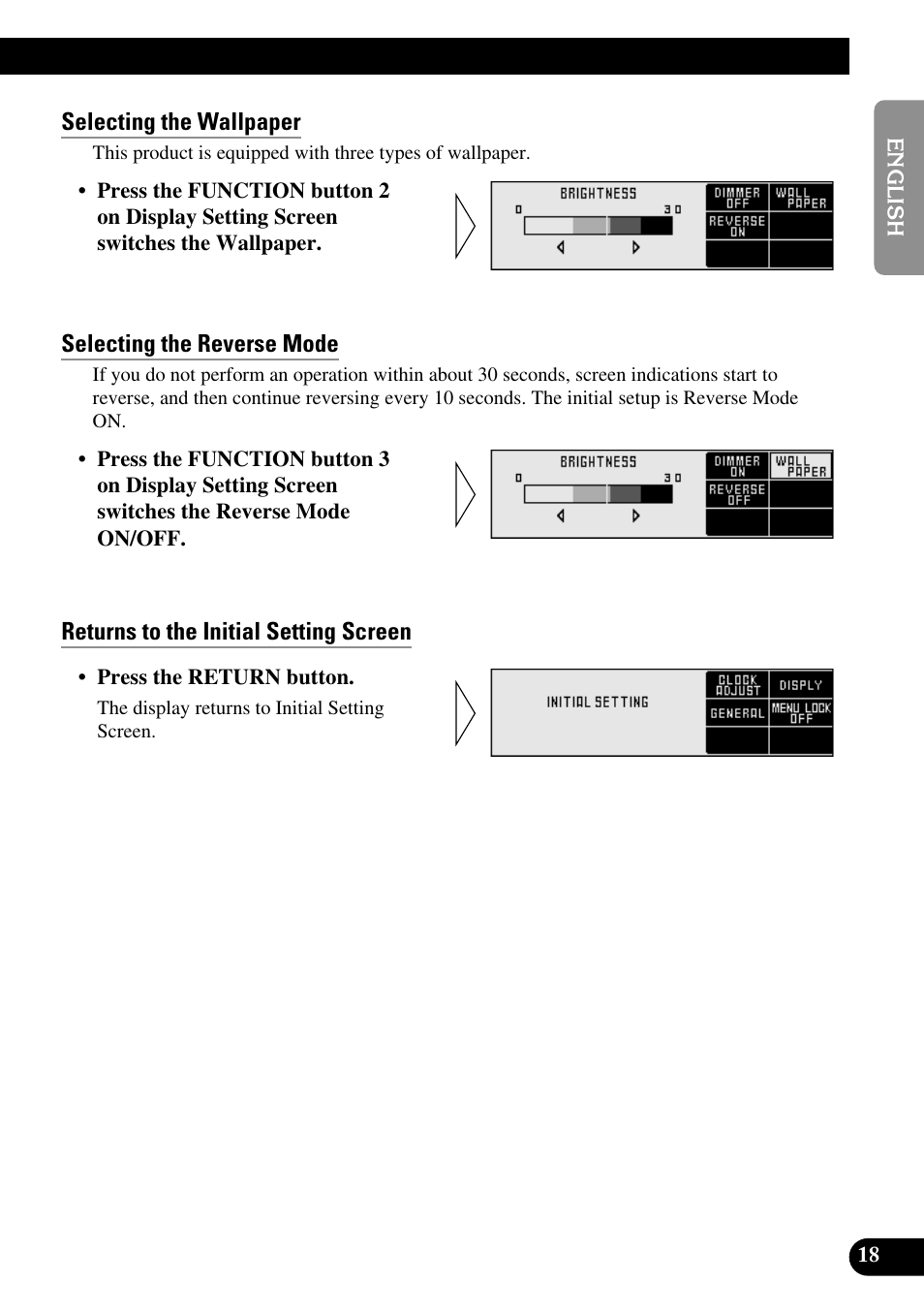Selecting the wallpaper, Selecting the reverse mode, Returns to the initial setting screen | Pioneer RS-D7R User Manual | Page 19 / 91