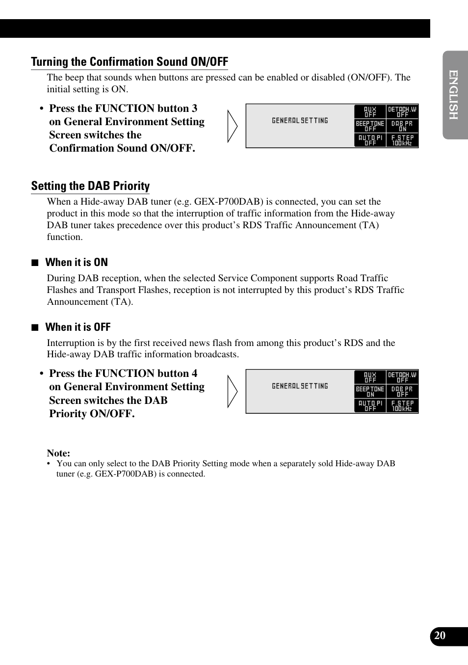 Turning the confirmation sound on/off, Setting the dab priority | Pioneer RS-D7R User Manual | Page 21 / 91