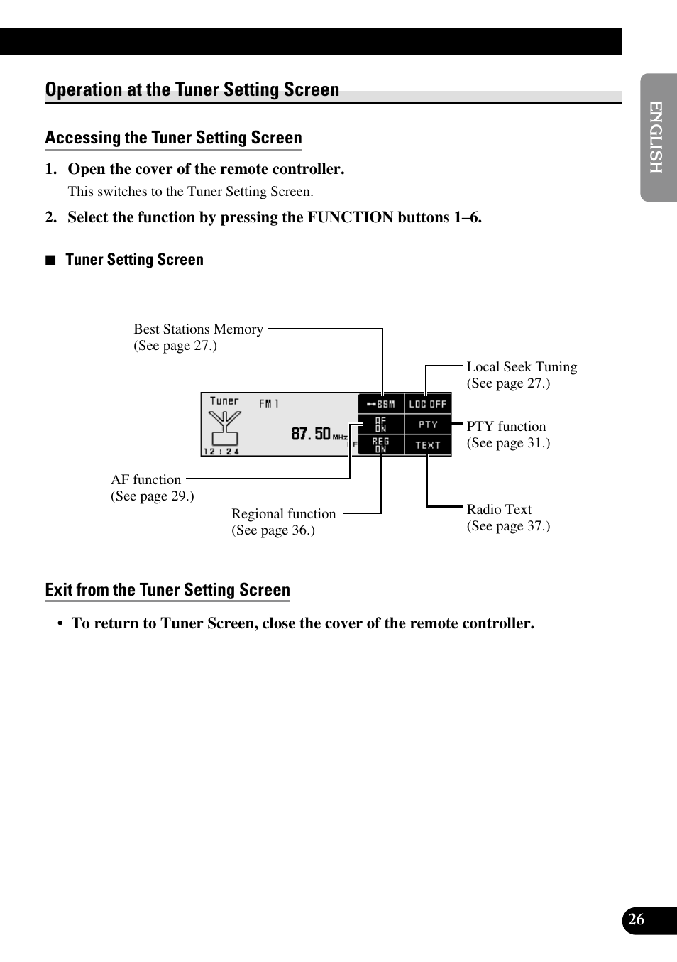 Operation at the tuner setting screen, Accessing the tuner setting screen, Exit from the tuner setting screen | Pioneer RS-D7R User Manual | Page 27 / 91