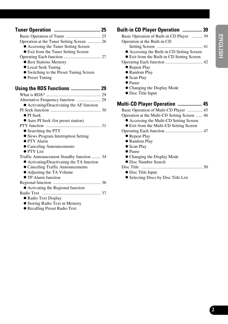 Tuner operation, Using the rds functions, Built-in cd player operation | Multi-cd player operation | Pioneer RS-D7R User Manual | Page 3 / 91