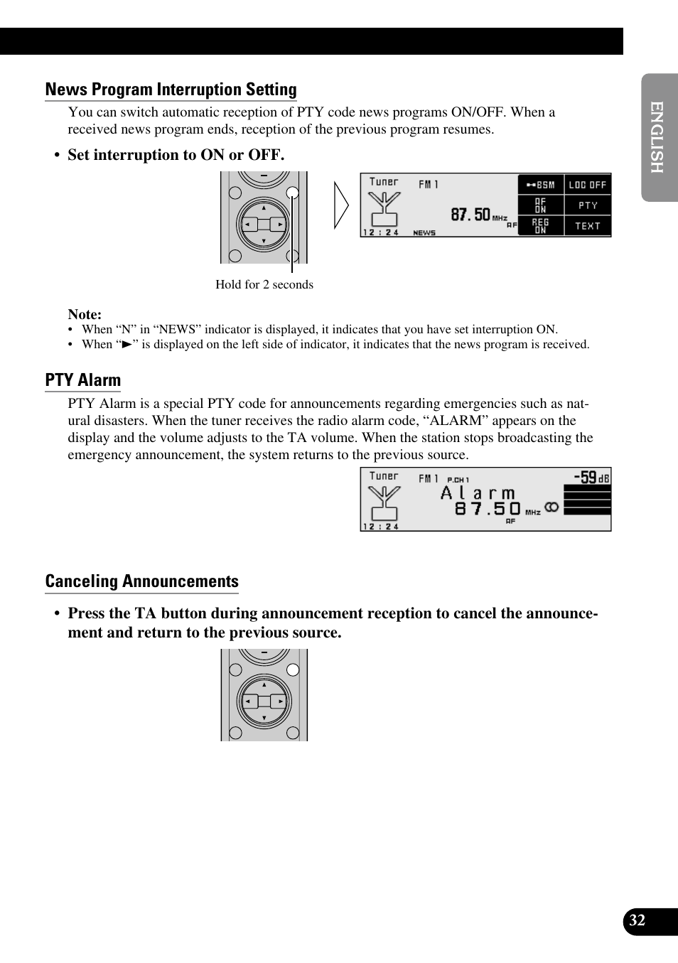 News program interruption setting, Pty alarm, Canceling announcements | Pioneer RS-D7R User Manual | Page 33 / 91