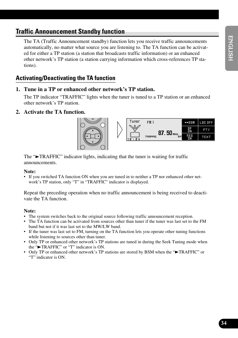 Traffic announcement standby function, Activating/deactivating the ta function | Pioneer RS-D7R User Manual | Page 35 / 91