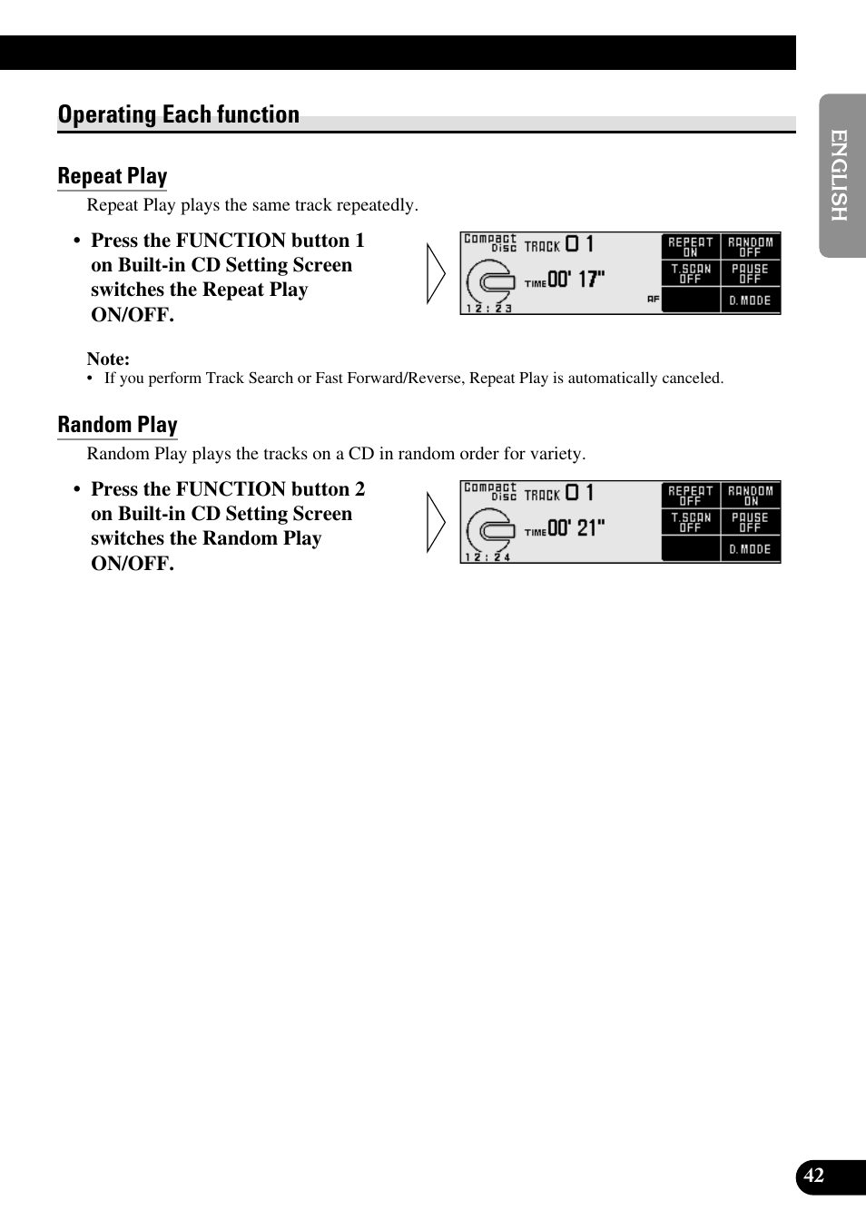 Operating each function, Repeat play, Random play | Pioneer RS-D7R User Manual | Page 43 / 91