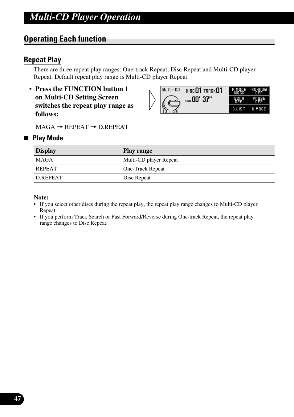 Operating each function, Repeat play, Multi-cd player operation | Pioneer RS-D7R User Manual | Page 48 / 91