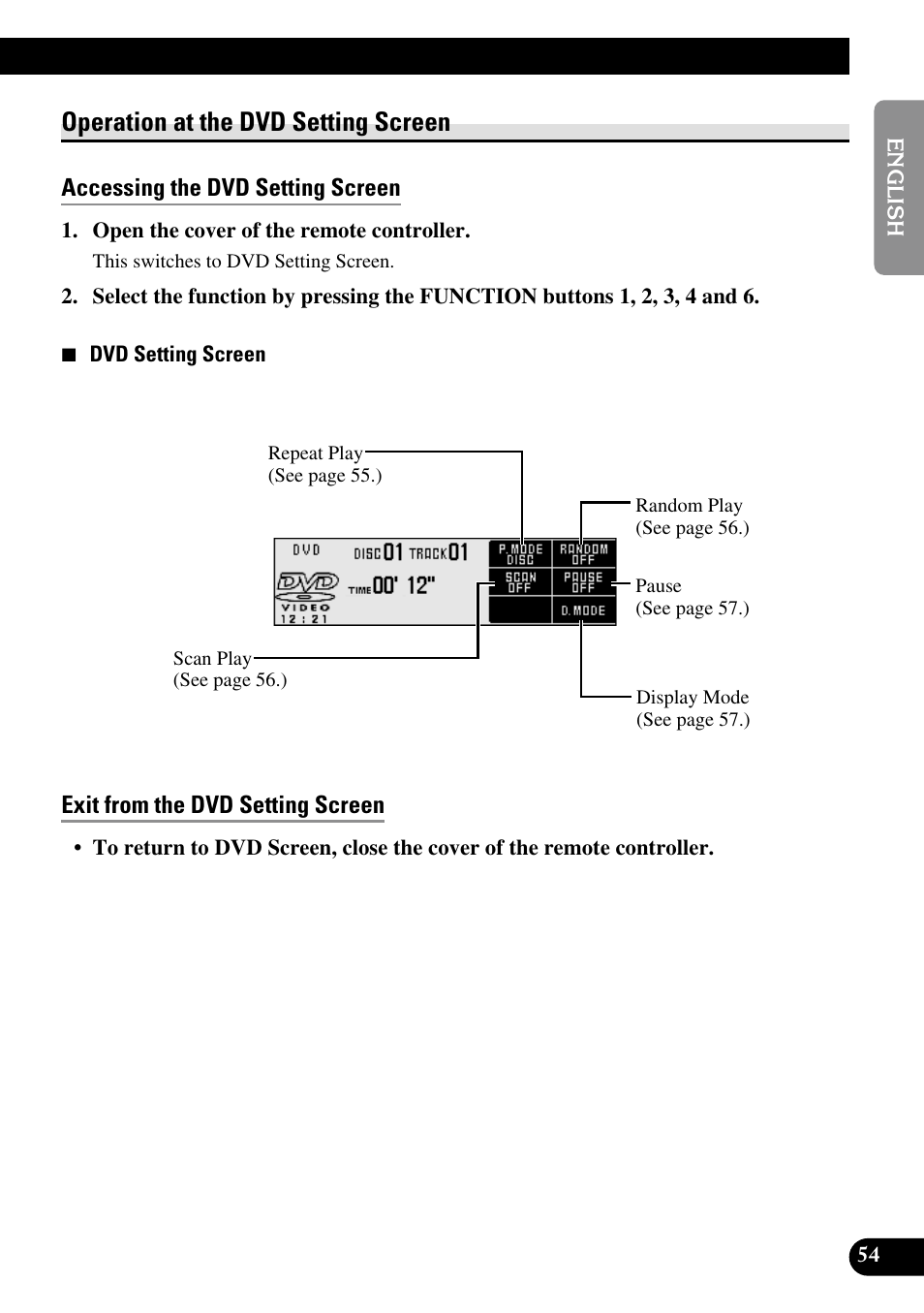 Operation at the dvd setting screen, Accessing the dvd setting screen, Exit from the dvd setting screen | Pioneer RS-D7R User Manual | Page 55 / 91