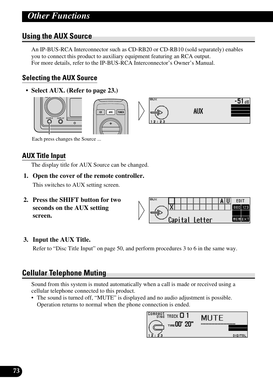 Other functions, Using the aux source, Selecting the aux source | Aux title input, Cellular telephone muting | Pioneer RS-D7R User Manual | Page 74 / 91