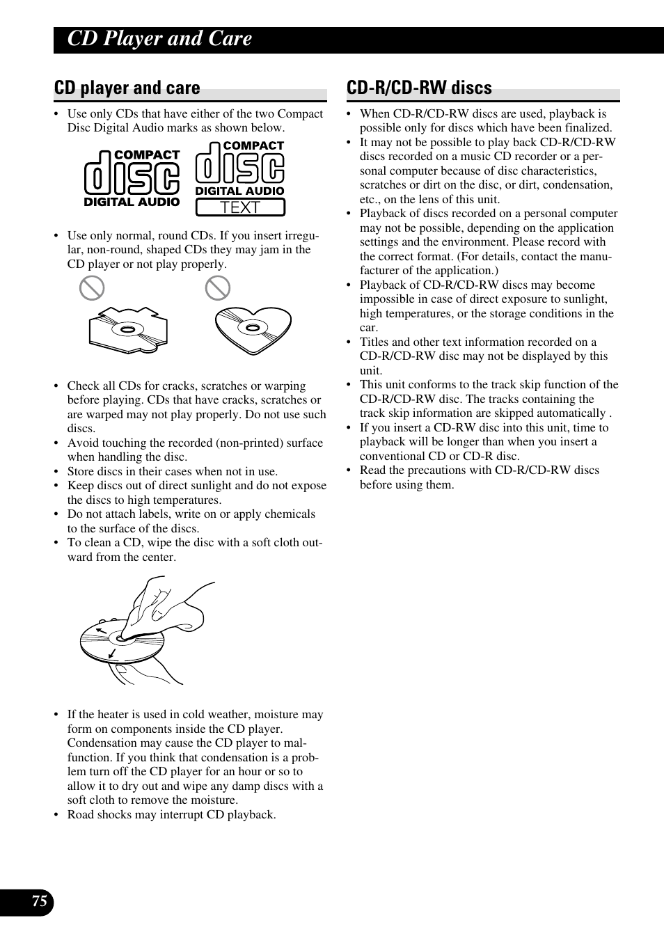 Cd player and care, Cd player and care cd-r/cd-rw discs, Cd-r/cd-rw discs | Pioneer RS-D7R User Manual | Page 76 / 91