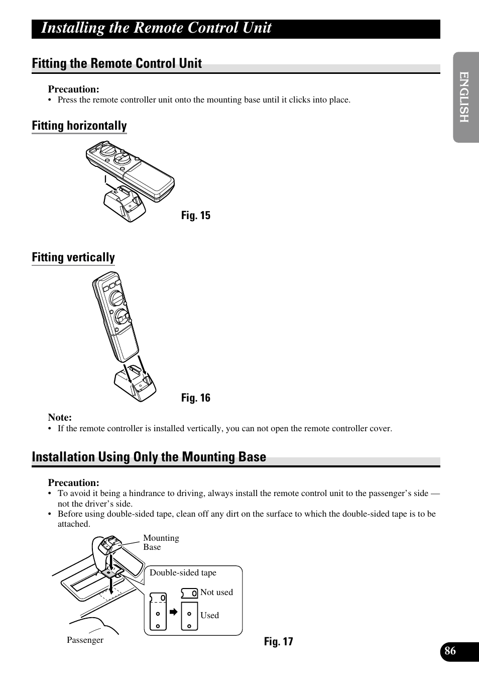 Installing the remote control unit, Fitting the remote control unit, Fitting horizontally | Fitting vertically, Installation using only the mounting base, Fitting horizontally fitting vertically | Pioneer RS-D7R User Manual | Page 87 / 91