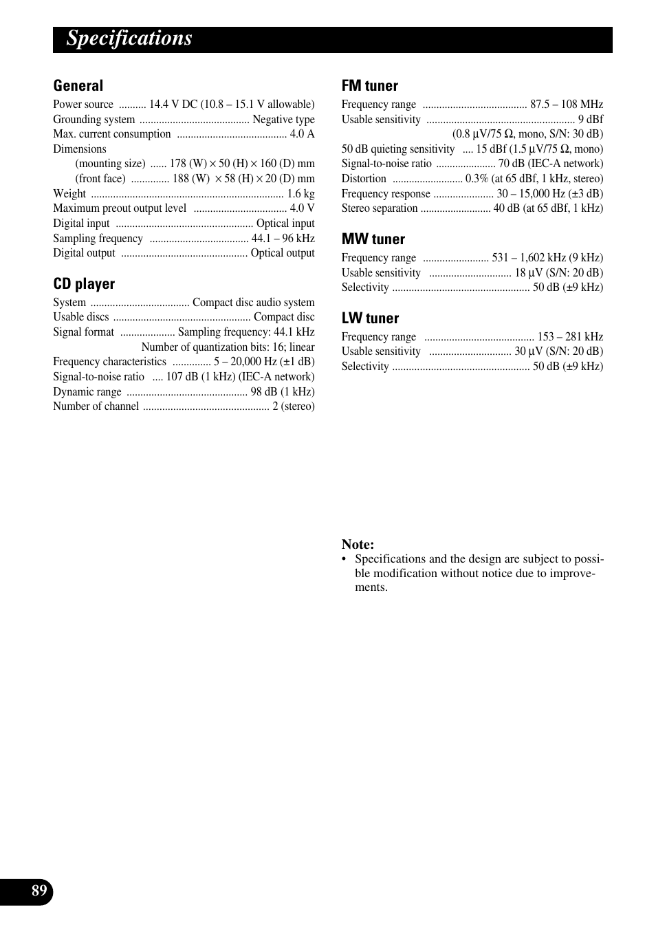 Specifications | Pioneer RS-D7R User Manual | Page 90 / 91