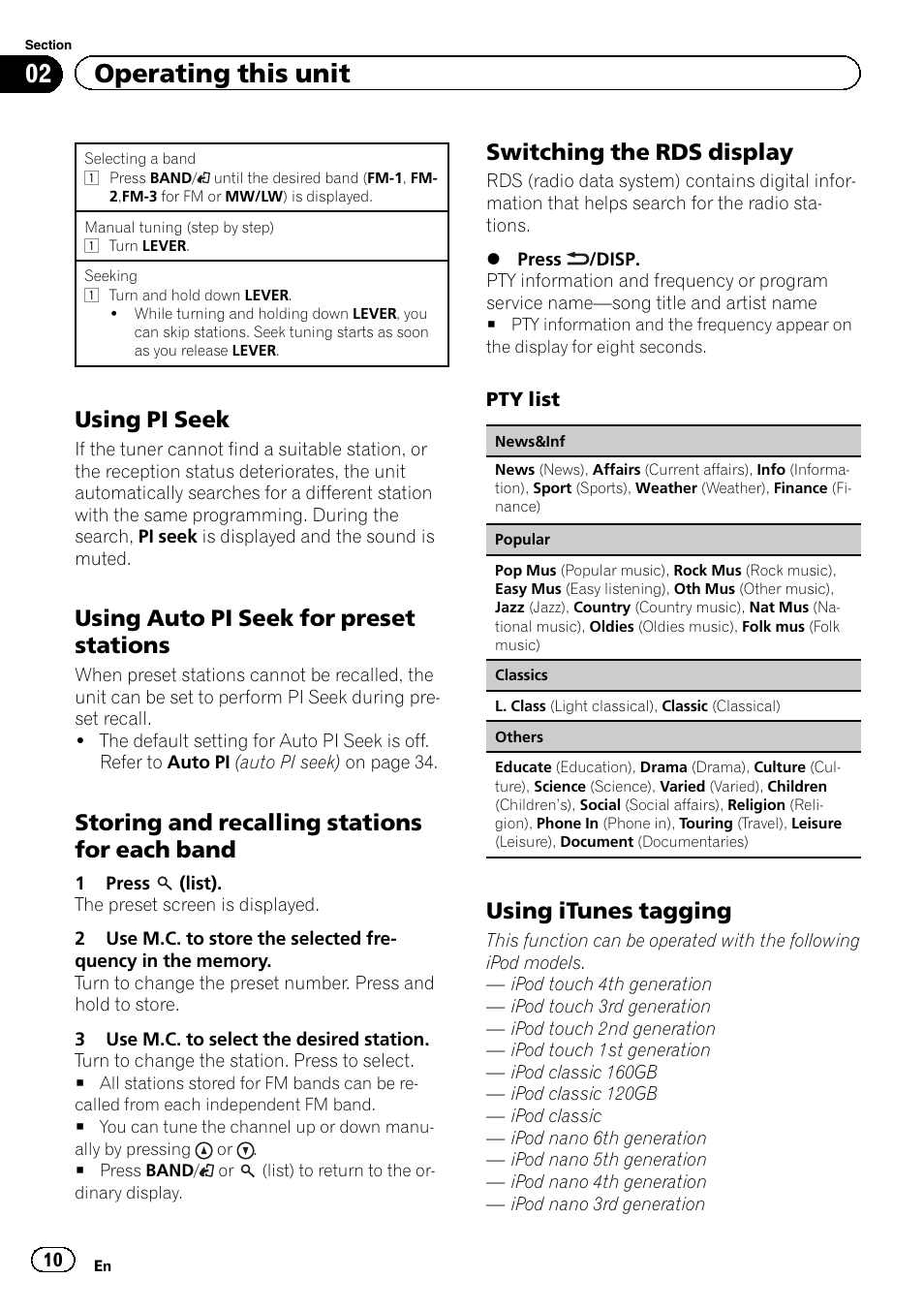02 operating this unit, Using pi seek, Using auto pi seek for preset stations | Storing and recalling stations for each band, Switching the rds display, Using itunes tagging | Pioneer DEH-80PRS User Manual | Page 10 / 52