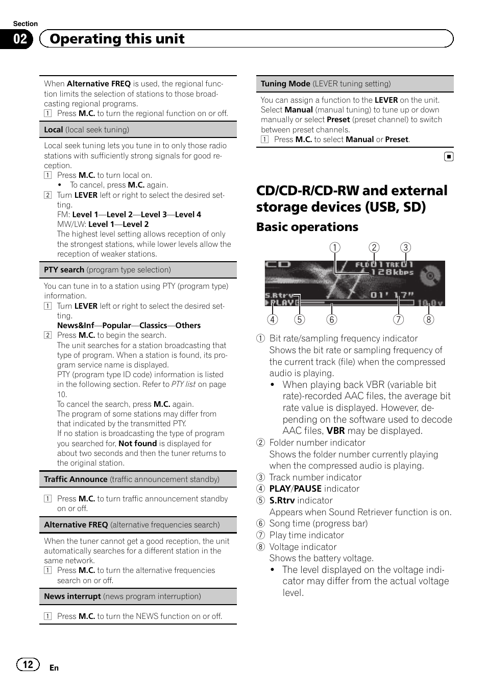 Cd/cd-r/cd-rw and external storage, Devices (usb, sd), 02 operating this unit | Basic operations | Pioneer DEH-80PRS User Manual | Page 12 / 52