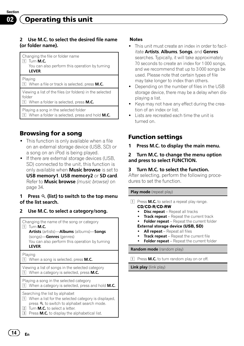 02 operating this unit, Browsing for a song, Function settings | Pioneer DEH-80PRS User Manual | Page 14 / 52