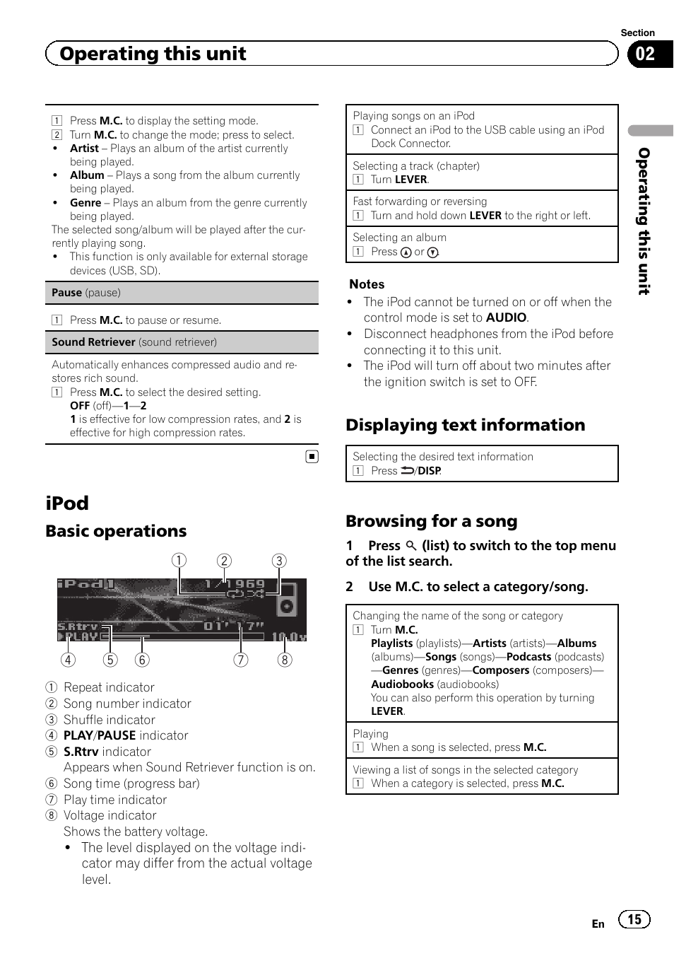 Ipod, Operating this unit, Basic operations | Displaying text information, Browsing for a song | Pioneer DEH-80PRS User Manual | Page 15 / 52