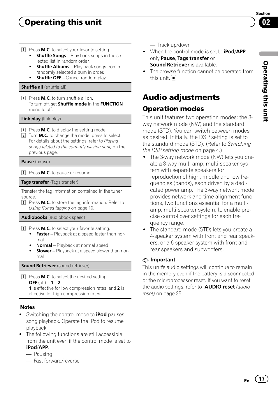 Audio adjustments, Operation modes, Operating this unit | Pioneer DEH-80PRS User Manual | Page 17 / 52