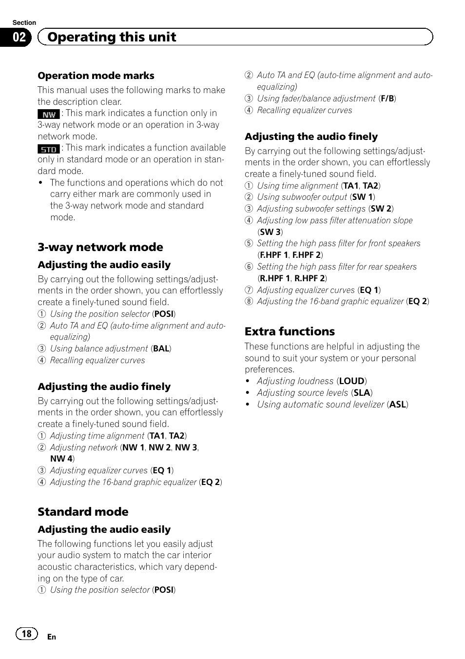 02 operating this unit, Way network mode, Standard mode | Extra functions | Pioneer DEH-80PRS User Manual | Page 18 / 52