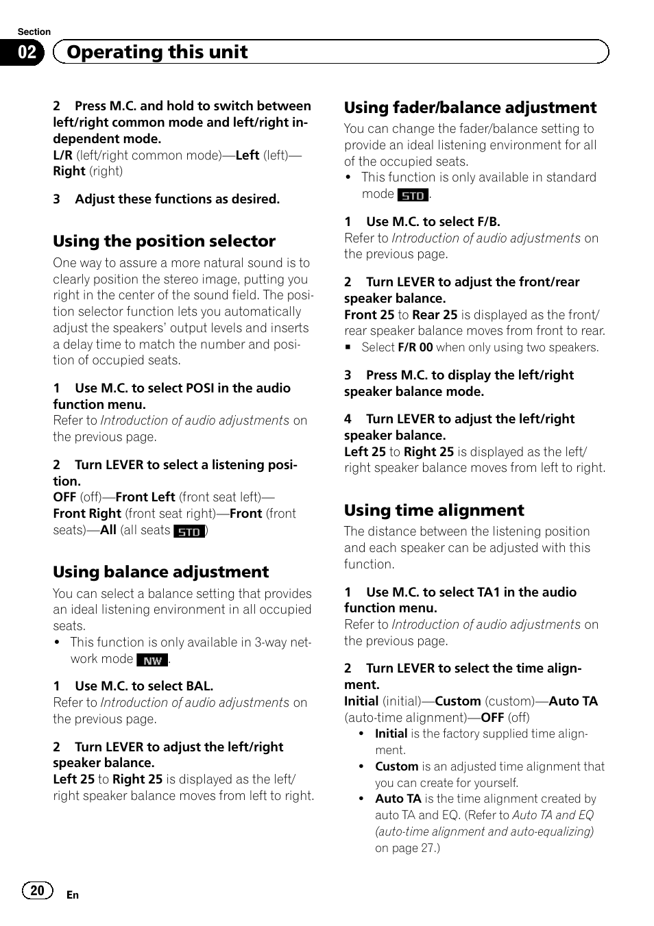 Using the position selector, Using balance adjustment, Using fader/balance adjustment | Using time alignment, 02 operating this unit | Pioneer DEH-80PRS User Manual | Page 20 / 52