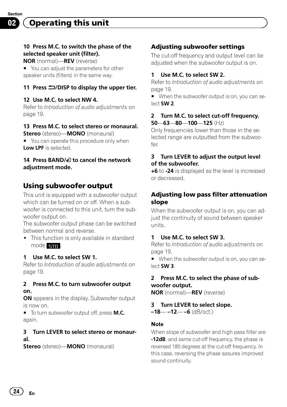 Using subwoofer output, Adjusting subwoofer settings, Adjusting low pass filter attenuation slope | 02 operating this unit | Pioneer DEH-80PRS User Manual | Page 24 / 52