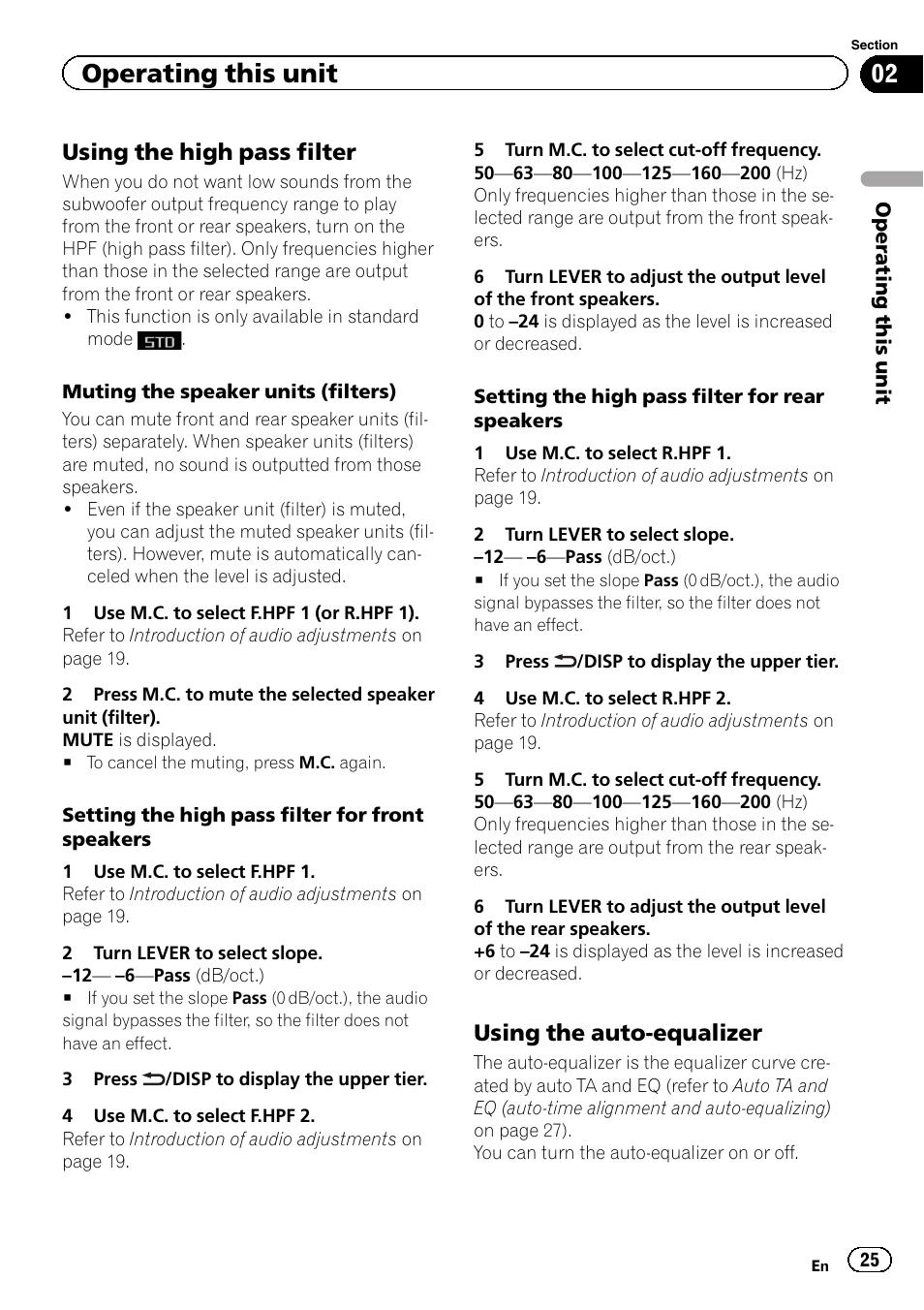 Setting the high pass filter for front speakers, Setting the high pass filter for rear speakers, Operating this unit | Using the high pass filter, Using the auto-equalizer | Pioneer DEH-80PRS User Manual | Page 25 / 52
