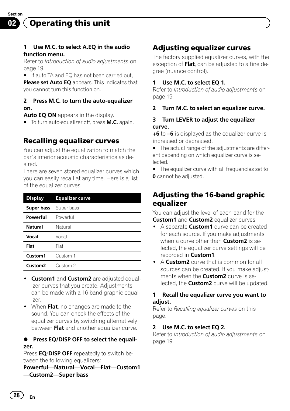 Recalling equalizer curves, Adjusting equalizer curves, Adjusting the 16-band graphic equalizer | 02 operating this unit | Pioneer DEH-80PRS User Manual | Page 26 / 52