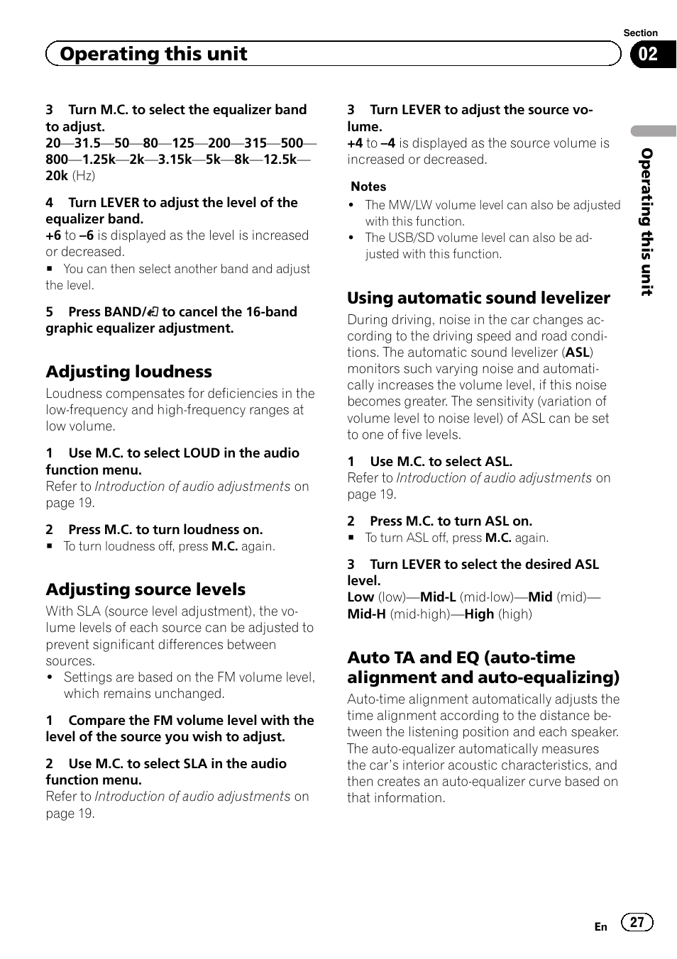 Auto ta and eq (auto-time alignment and auto, Equalizing), Adjusting loudness | Adjusting source levels, Using automatic sound levelizer, Operating this unit | Pioneer DEH-80PRS User Manual | Page 27 / 52