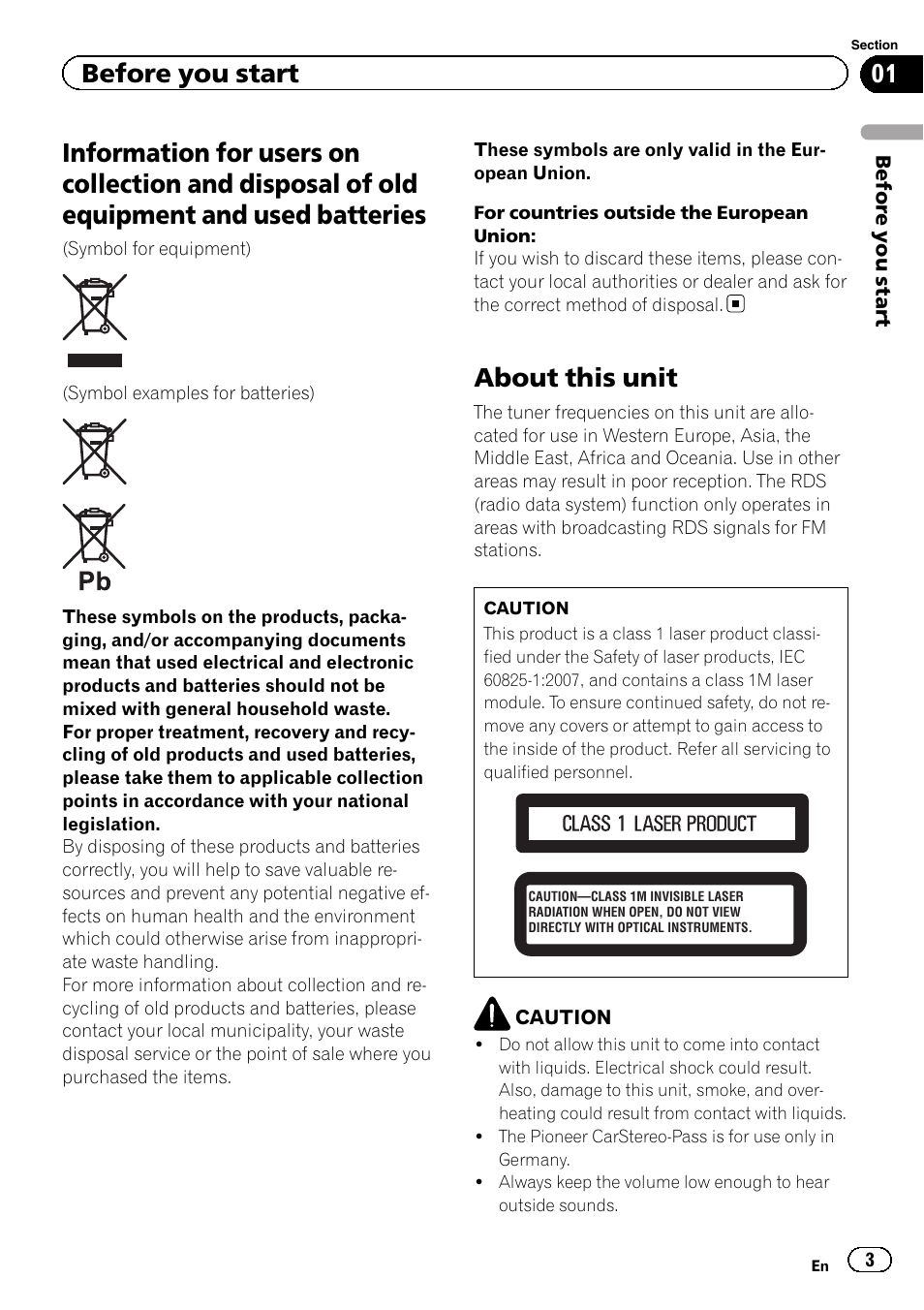 Before you start, Information for users on collection and, Disposal of old equipment and used batteries | About this unit | Pioneer DEH-80PRS User Manual | Page 3 / 52