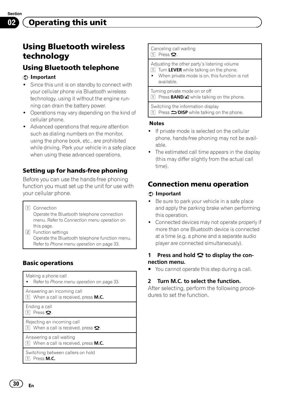 Using bluetooth wireless technology, 02 operating this unit, Using bluetooth telephone | Connection menu operation | Pioneer DEH-80PRS User Manual | Page 30 / 52
