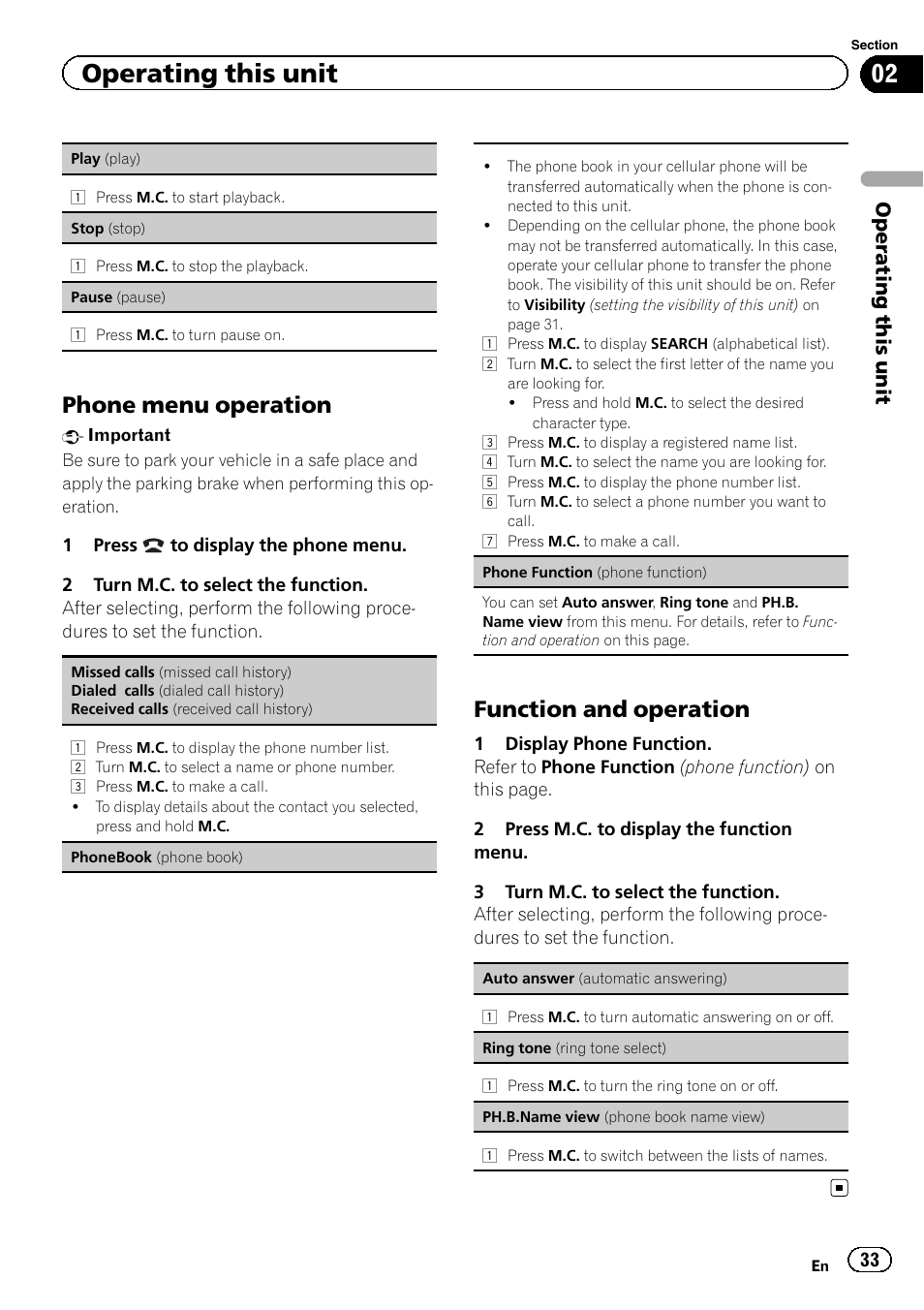 Phone menu operation, Function and operation, Operating this unit | Pioneer DEH-80PRS User Manual | Page 33 / 52