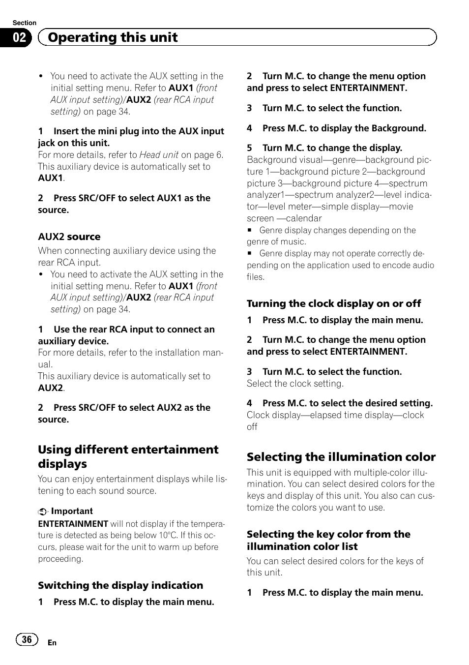 02 operating this unit, Using different entertainment displays, Selecting the illumination color | Pioneer DEH-80PRS User Manual | Page 36 / 52