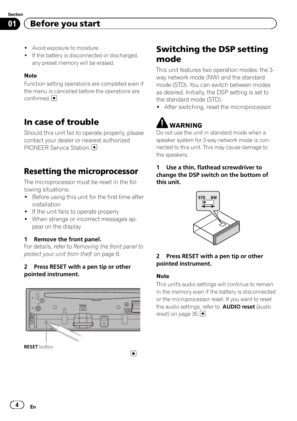 In case of trouble, Resetting the microprocessor, Switching the dsp setting mode | 01 before you start | Pioneer DEH-80PRS User Manual | Page 4 / 52